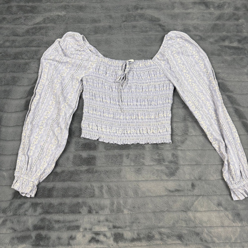 American Eagle Blue Floral Smocked Crop Top Long Sleeve Puff Shoulder XS Cottage